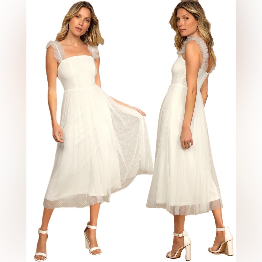 Lulu’s Divine Invitation White Cream Dot Tulle Ruffle Fun Midi Bridal Dress